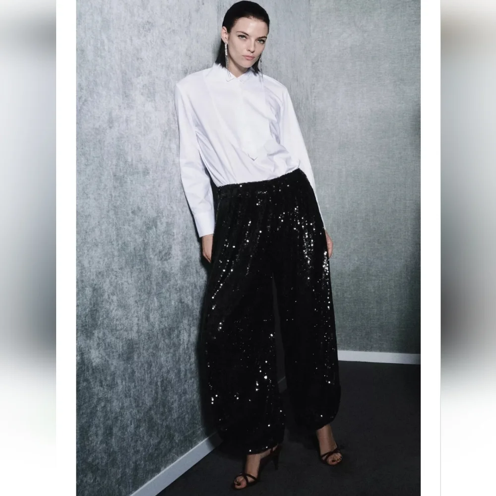 Zara SEQUIN BALLOON PANTS BLACK